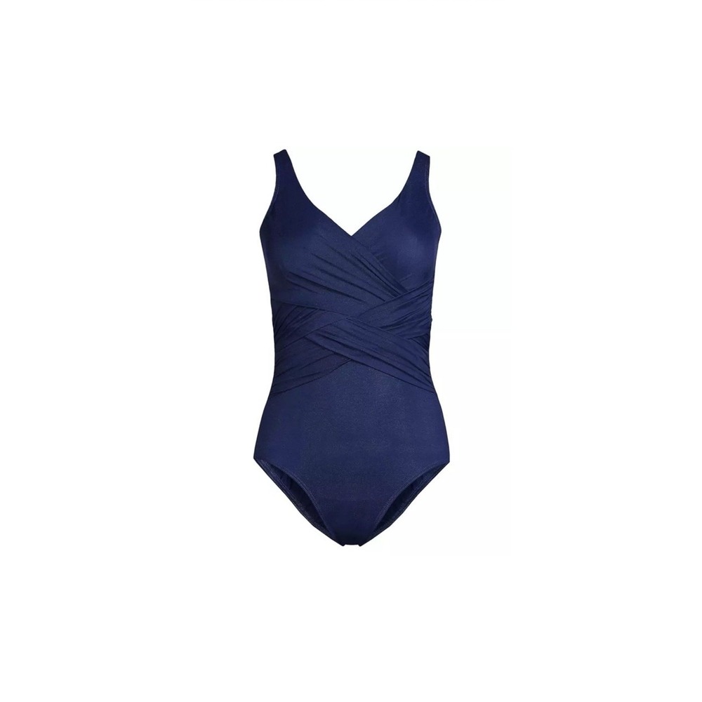 Lands End Womens Slender Suit Wrap One Piece Swimsuit Deep Sea Navy 18W New